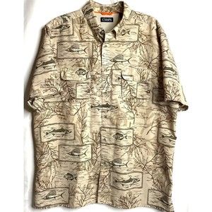 Chaps Vented Fishing Fish Short Sleeve Stone Gray Shirt XL Button Down Collar